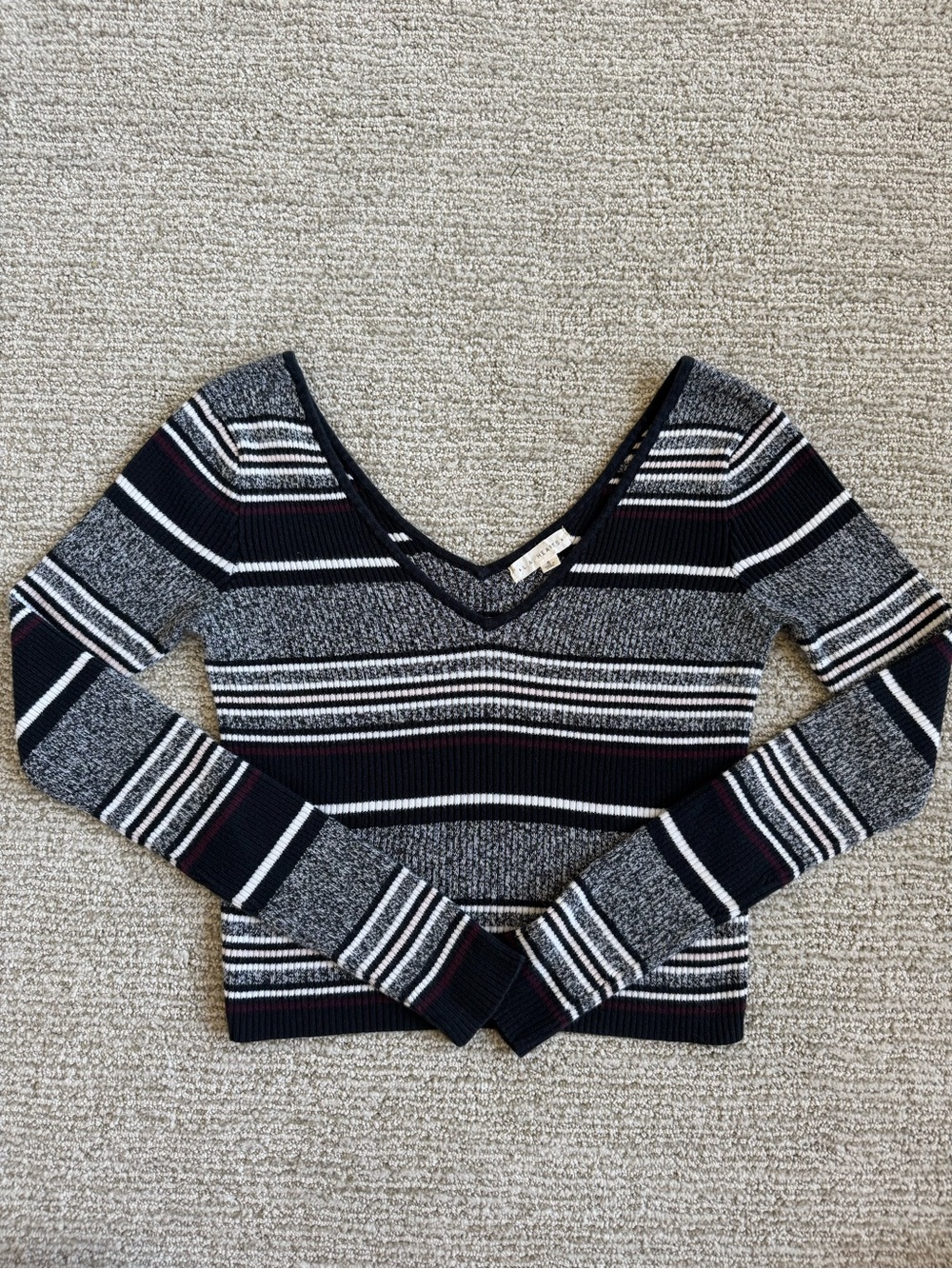 Striped Ribbed V-Neck Cropped Sweater